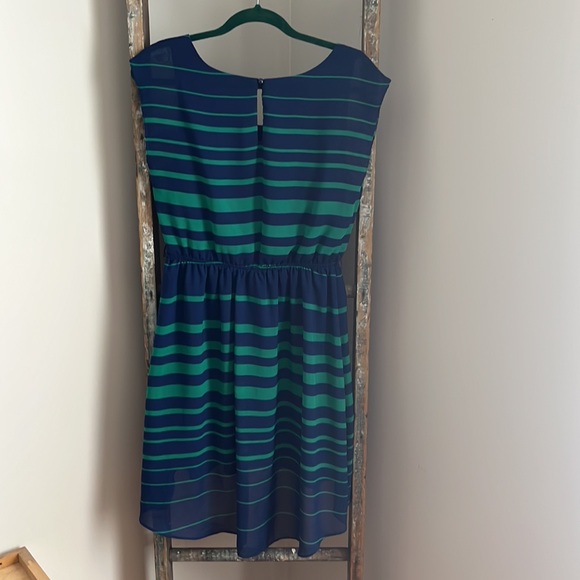 EUC! iZ Byer Blue Teal Hi-Low stripe dress with defined waist - Picture 3 of 12